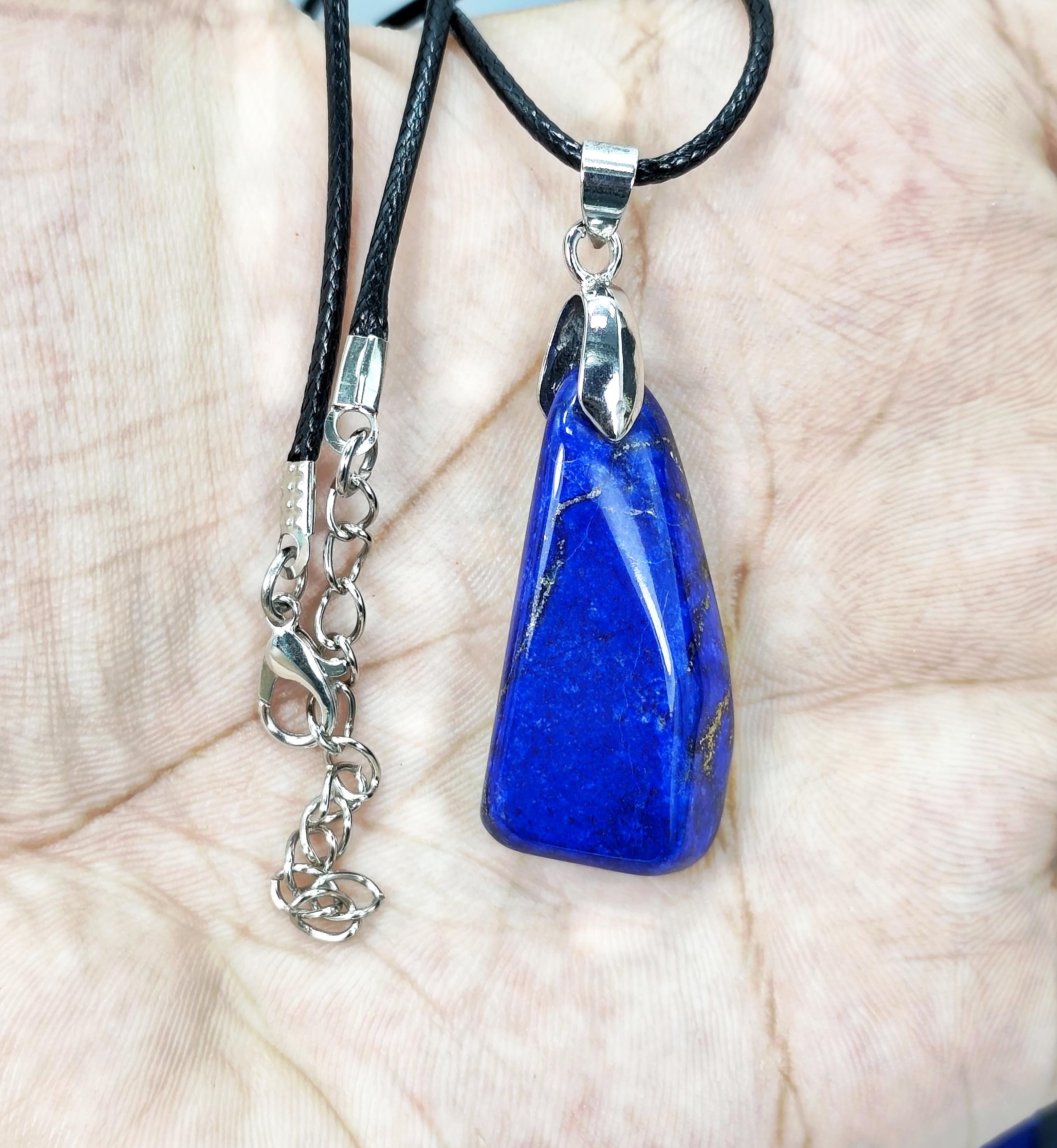 Lapis Lazuli Necklace: Natural Stone Charm, Leather Chain - Afghanistan